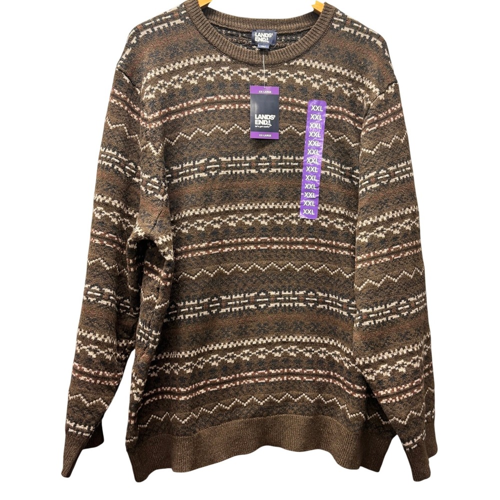 Lands' End Sweater Mens XXL 2XL Fair Isle Brown‎ Pullover Knit Fisherman NEW